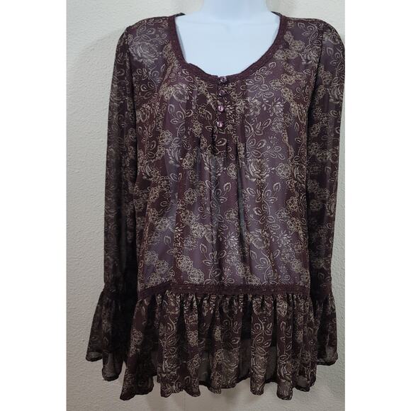 Charming Charlie Brown Floral Peplum Sheer Top Medium Lightweight Pleated Front - Picture 1 of 7